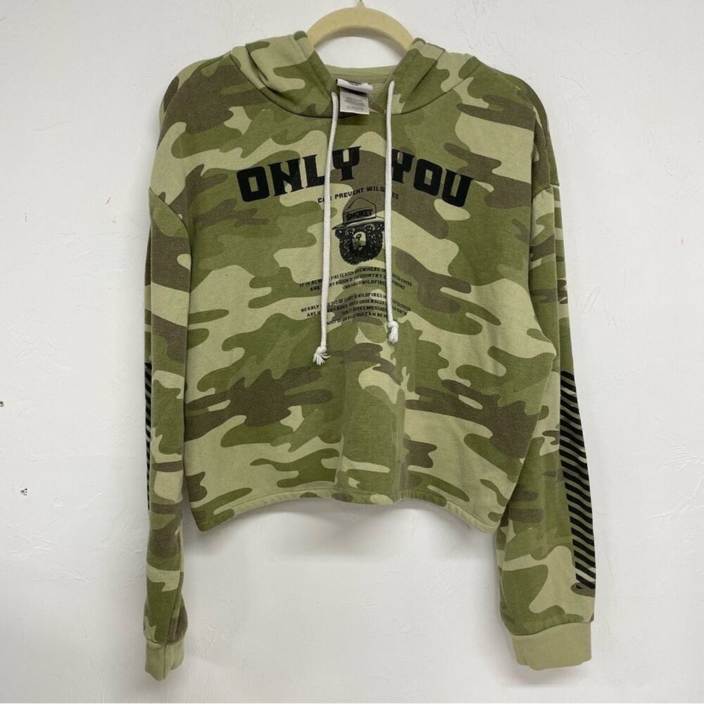 Smokey Bear Green Camo Print Prevent Forest Fires Hoodie Sweatshirt XL